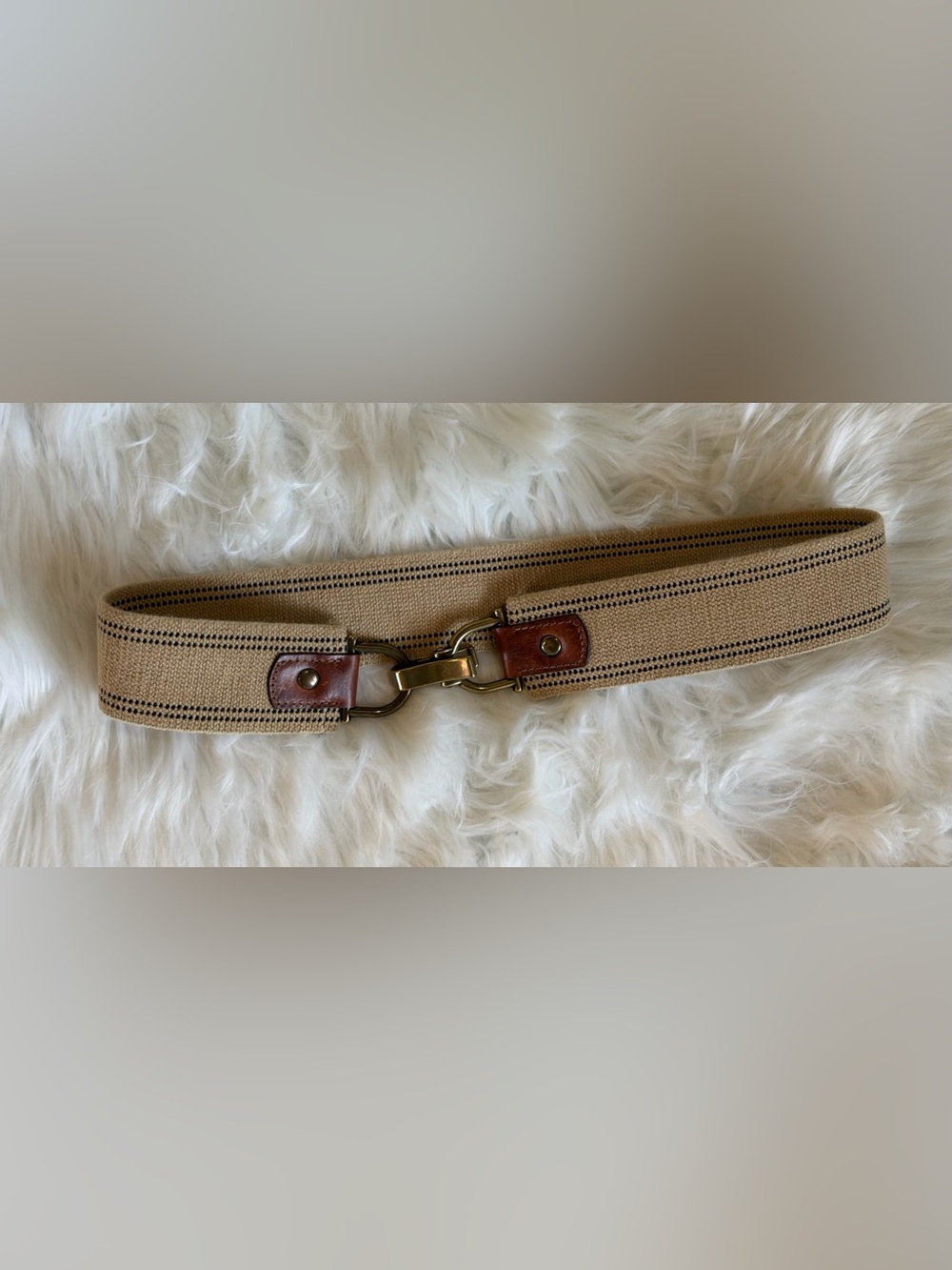 J. Crew Tan Canvas Belt with Brown Leather Accents and Brass Clip - Picture 1 of 4